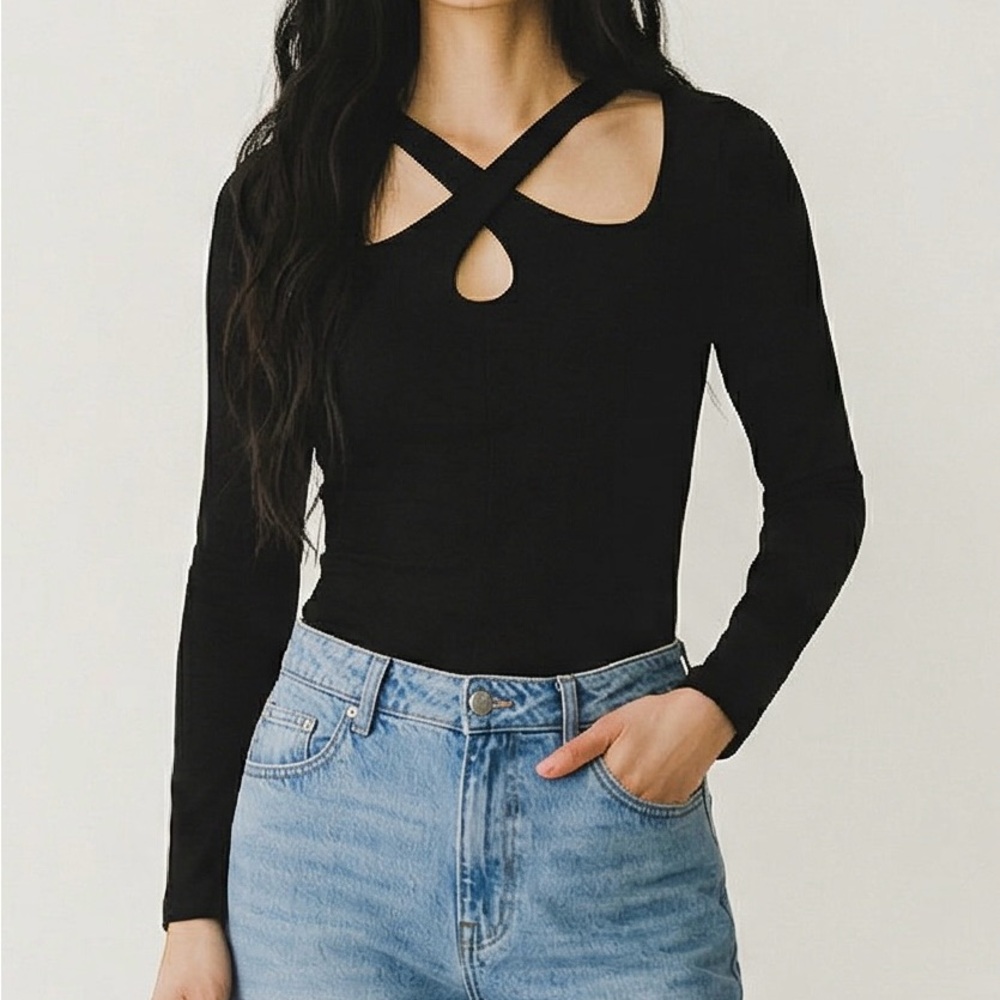Bar III Crisscross Scissors Cutout Bodysuit Black Size M
